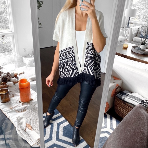 ✔️ BLACK OFF WHITE FRINGE TRIBAL PRINT KNIT SHORT SLEEVE CARDIGAN! - Picture 10 of 10